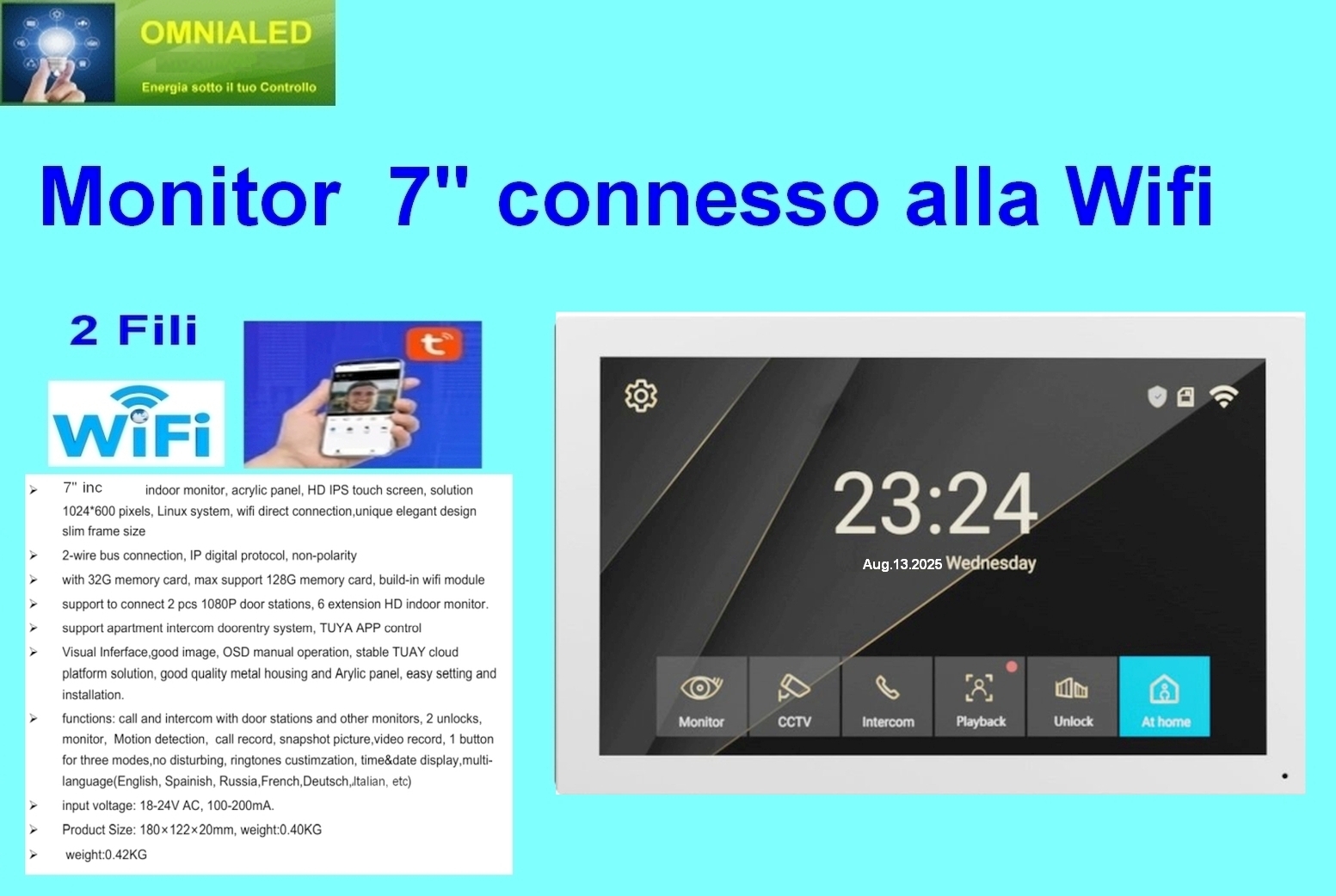 (immagine per) Monitor 7 pollici 2 fili connesso alla Wifi