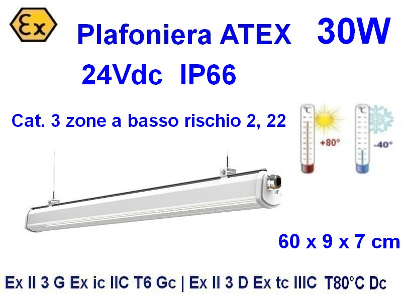 Plafoniera Stagna Atex 24Vdc 30W 60 cm , Cat. 3 IP66 (immagine per) Plafoniera Stagna Atex 24Vdc 30W 60 cm , Cat. 3 IP66